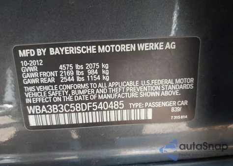 2013 BMW 328I xDrive из США, поврежденный, VIN WBA3B3C58DF540485